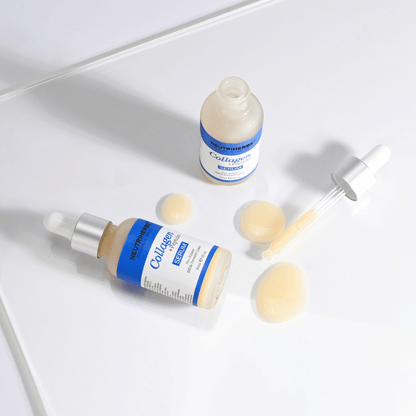 Neutriherbs Collagen + Peptides Serum 30 ml met open flesje, pipet en serumtextuur. Close-up die de zijdezachte textuur en de praktische pipetapplicator voor nauwkeurige dosering toont.