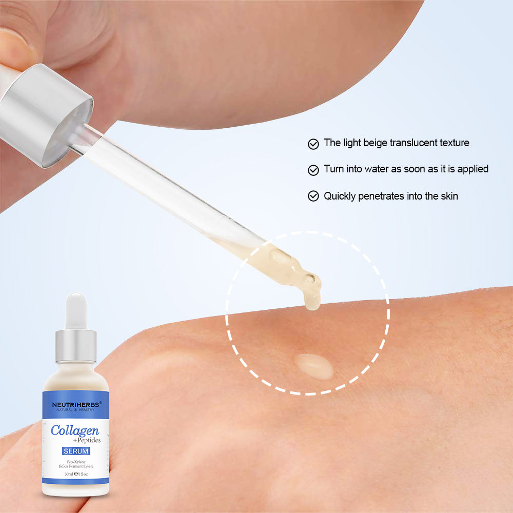 Close-up van Neutriherbs Collagen + Peptides Serum 30 ml dat met een pipet op de huid wordt aangebracht. De afbeelding toont de lichte, snel absorberende textuur van het serum die de huid hydrateert zonder plakkerig aan te voelen.