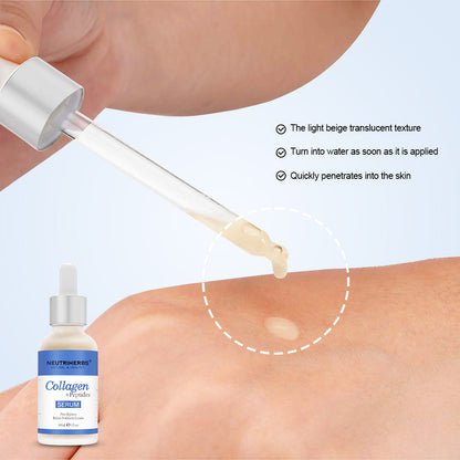 Close-up van Neutriherbs Collagen + Peptides Serum 30 ml dat met een pipet op de huid wordt aangebracht. De afbeelding toont de lichte, snel absorberende textuur van het serum die de huid hydrateert zonder plakkerig aan te voelen.