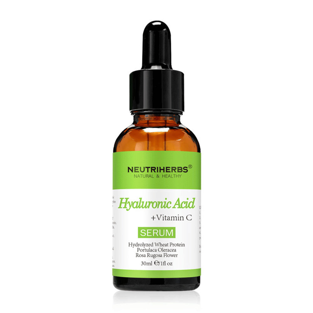 Neutriherbs Hyaluronic Acid + Vitamin C Serum 30 ml met hyaluronzuur en vitamine C. Hydraterend gezichtsserum dat de huid laat stralen, de teint egaliseert en helpt fijne lijntjes te verminderen voor een zachte en frisse huid.
