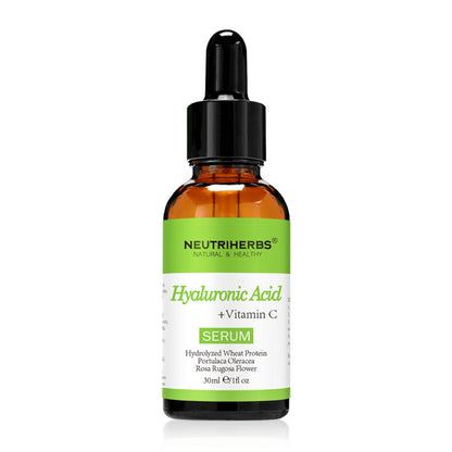 Neutriherbs Hyaluronic Acid + Vitamin C Serum 30 ml met hyaluronzuur en vitamine C. Hydraterend gezichtsserum dat de huid laat stralen, de teint egaliseert en helpt fijne lijntjes te verminderen voor een zachte en frisse huid.