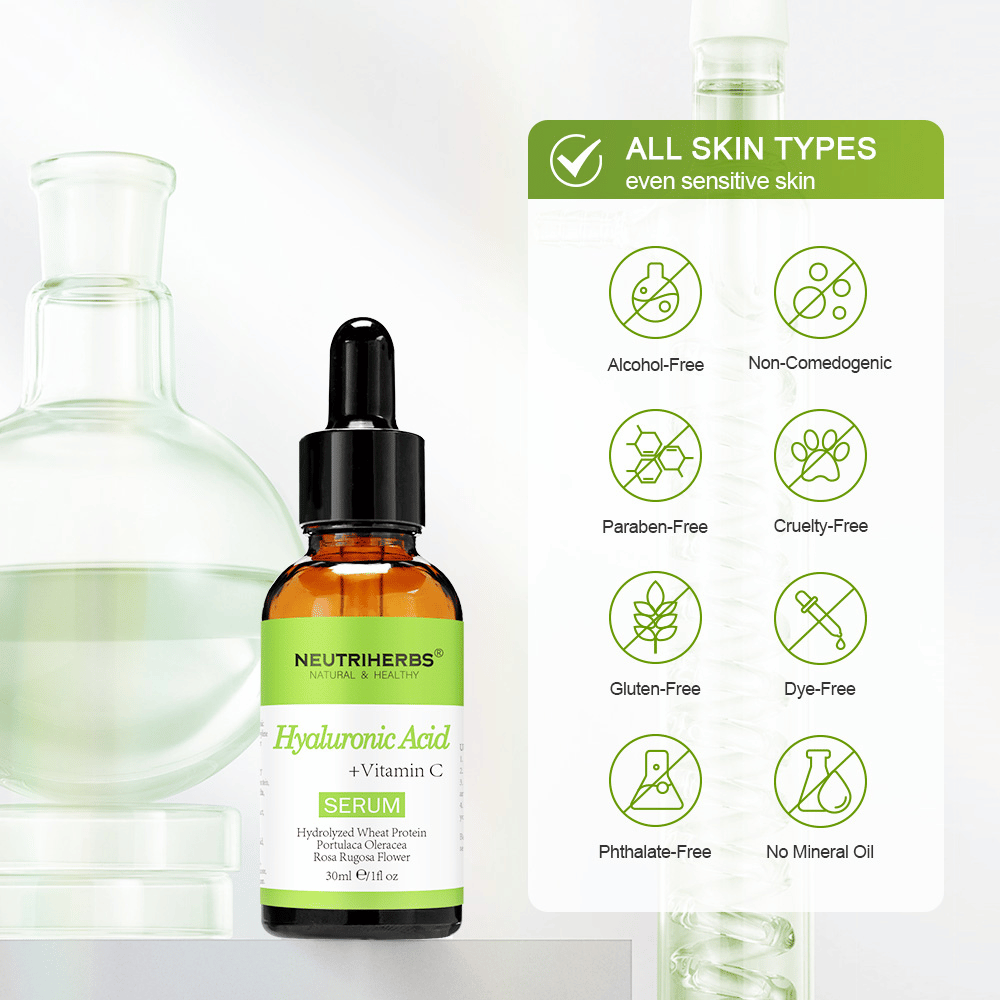 Neutriherbs Hyaluronic Acid + Vitamin C Serum 30 ml voor alle huidtypen, ook de gevoelige huid. Hydraterend gezichtsserum zonder alcohol, parabenen, minerale olie of kleurstoffen dat de huidbarrière versterkt en de huid laat stralen.