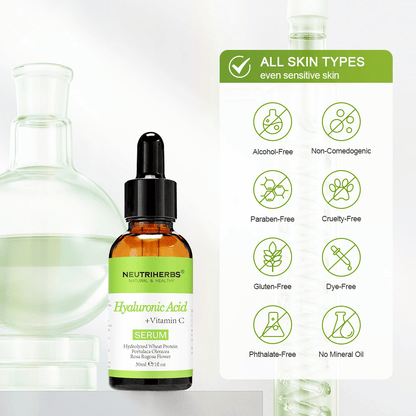 Neutriherbs Hyaluronic Acid + Vitamin C Serum 30 ml voor alle huidtypen, ook de gevoelige huid. Hydraterend gezichtsserum zonder alcohol, parabenen, minerale olie of kleurstoffen dat de huidbarrière versterkt en de huid laat stralen.