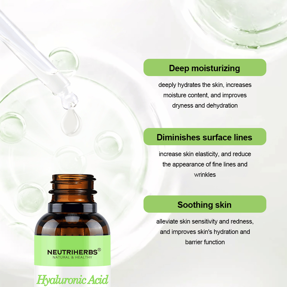 Neutriherbs Hyaluronic Acid + Vitamin C Serum 30 ml. Hydraterend gezichtsserum met hyaluronzuur en vitamine C dat intensieve hydratatie biedt, de gevoelige huid kalmeert, de huidbarrière versterkt en helpt fijne lijntjes en rimpels te verminderen.