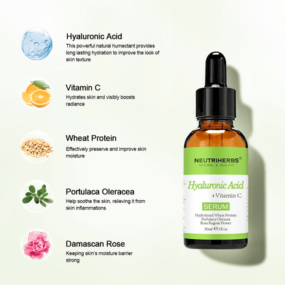 Neutriherbs Hyaluronic Acid + Vitamin C Serum 30 ml met hyaluronzuur, vitamine C, gehydrolyseerd tarwe-eiwit, Portulaca Oleracea en damastroos. Hydraterend gezichtsserum dat de huidbarrière versterkt, de huid kalmeert en voor extra glans zorgt.
