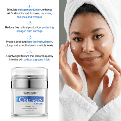 Neutriherbs Pro Collagen Cream 50 g hydraterende gezichtscrème met collageen. Afbeelding die laat zien hoe de crème op de huid wordt aangebracht en de eigenschappen van het product belicht: stimuleert de collageenproductie, draagt bij aan een stevigere huid, biedt langdurige hydratatie en wordt snel opgenomen zonder vet aan te voelen.