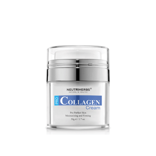 Neutriherbs Pro Collagen Cream 50 g in een stijlvolle pot. Een hydraterende en verstevigende gezichtscrème die is ontwikkeld om de elasticiteit van de huid te verbeteren, langdurige hydratatie te bieden en bij te dragen aan een stevigere huid met een zacht en soepel gevoel.
