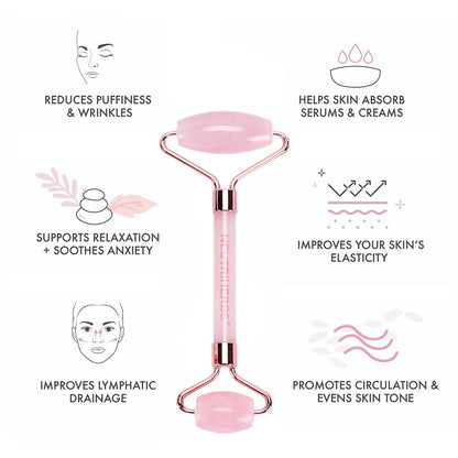 Neutriherbs roze kwartsroller voor gezichtsmassage die de dagelijkse huidverzorgingsroutine aanvult.