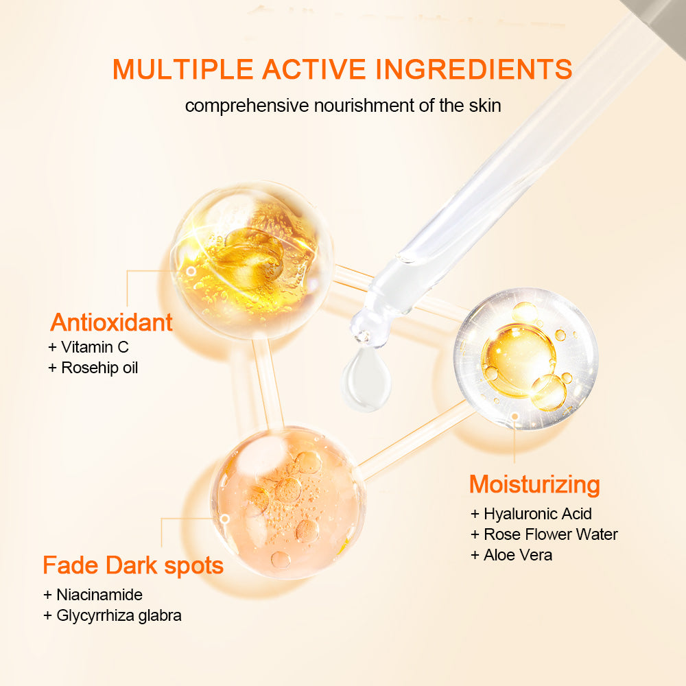 Illustratie die de actieve ingrediënten in Neutriherbs Vitamin C + Hyaluronic Acid Serum toont. Vitamine C en rozenbottelolie bieden antioxidatieve bescherming, hyaluronzuur, rozenwater en aloë vera hydrateren de huid, terwijl niacinamide en zoethout bijdragen aan het verminderen van pigmentvlekken en aan een egalere teint.