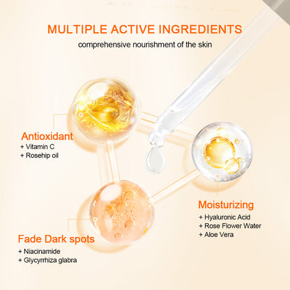 Illustratie die de actieve ingrediënten in Neutriherbs Vitamin C + Hyaluronic Acid Serum toont. Vitamine C en rozenbottelolie bieden antioxidatieve bescherming, hyaluronzuur, rozenwater en aloë vera hydrateren de huid, terwijl niacinamide en zoethout bijdragen aan het verminderen van pigmentvlekken en aan een egalere teint.