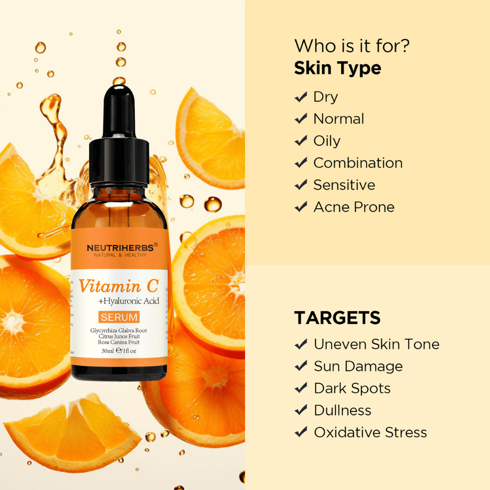 Neutriherbs Vitamin C + Hyaluronic Acid Serum 30 ml met sinaasappels. De illustratie laat zien dat het serum geschikt is voor alle huidtypen, inclusief de gevoelige en acnegevoelige huid, en ontwikkeld is voor een ongelijkmatige teint, pigmentvlekken, zonneschade, dofheid en oxidatieve stress.